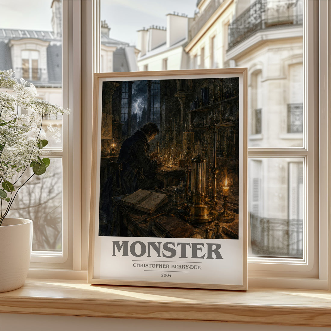 Monster Book Cover Poster by Christopher Berry-Dee – framed print by a bright window