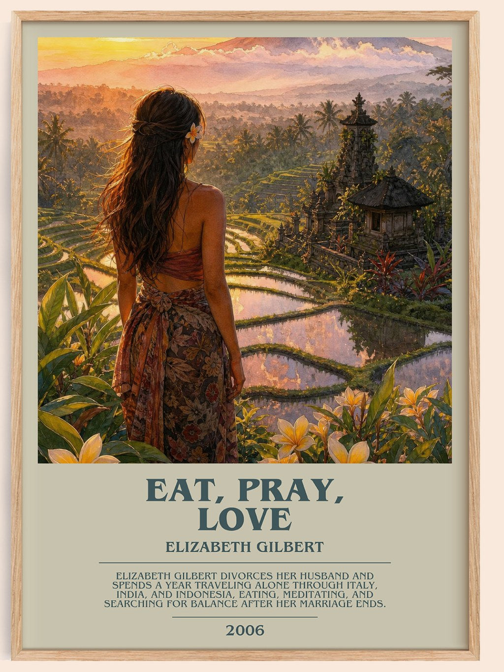 Eat, Pray, Love bookish book poster by Elizabeth Gilbert – framed literary art print