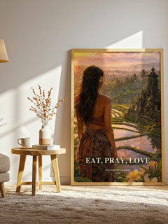 Eat, Pray, Love watercolour print in frame leaning in hallway – memoir wall art