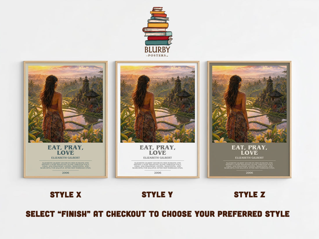 Eat, Pray, Love bookish print in frame leaning in hallway – memoir wall art (mockup)