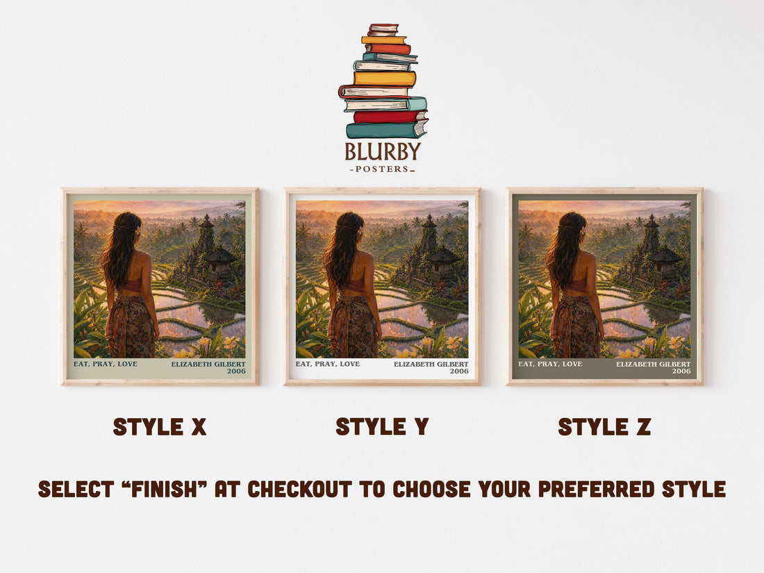 Eat, Pray, Love literary print in frame leaning in hallway – memoir wall art (mockup)