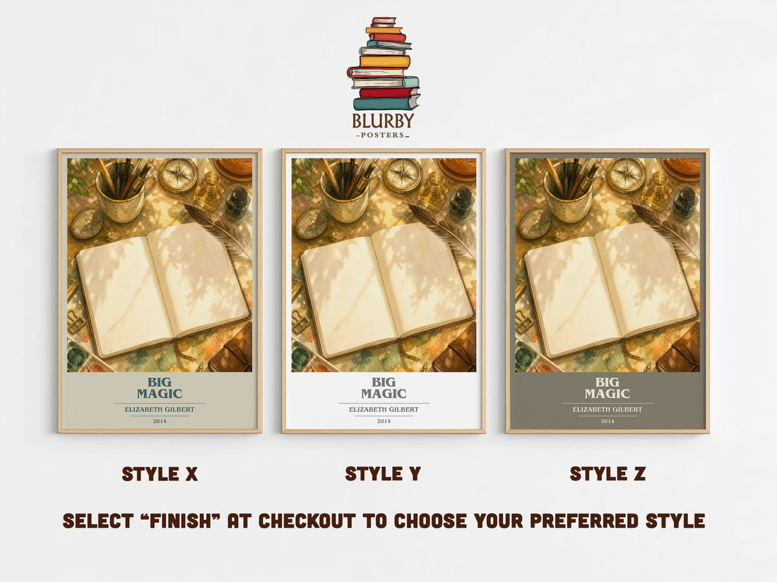 Big Magic book cover print in frame leaning in hallway – non fiction wall art (mockup)