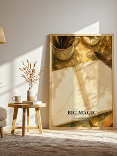 Big Magic watercolour print in frame leaning in hallway – non fiction wall art