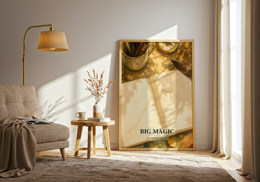Big Magic watercolour print in frame leaning in hallway – non fiction wall art