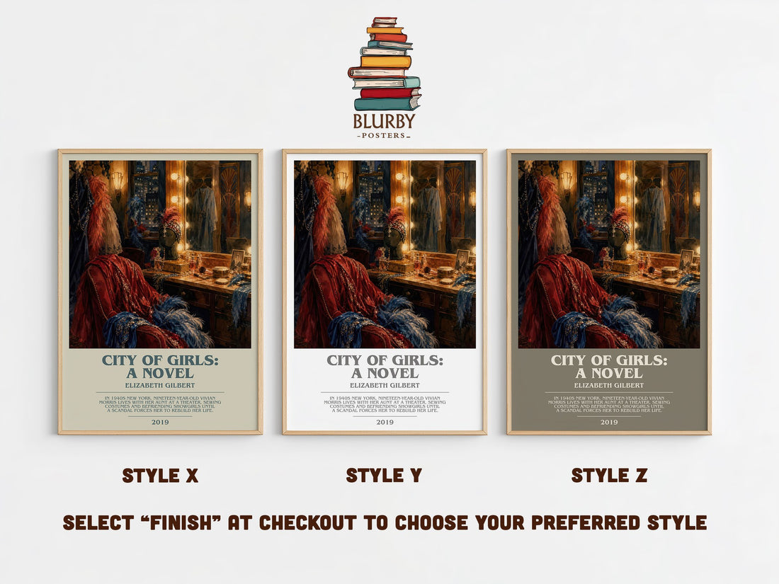 City of Girls: A Novel bookish print in frame leaning in hallway – contemporary fiction wall art (mockup)