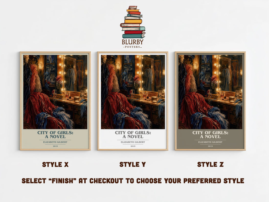 City of Girls: A Novel book cover print in frame leaning in hallway – contemporary fiction wall art (mockup)