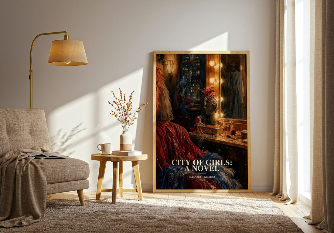 City of Girls: A Novel watercolour print in frame leaning in hallway – contemporary fiction wall art