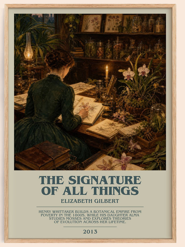 The signature of all things bookish book poster by Elizabeth Gilbert – framed literary art print
