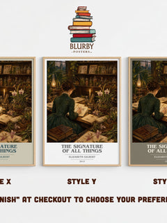 The signature of all things book cover print in frame leaning in hallway – historical fiction wall art