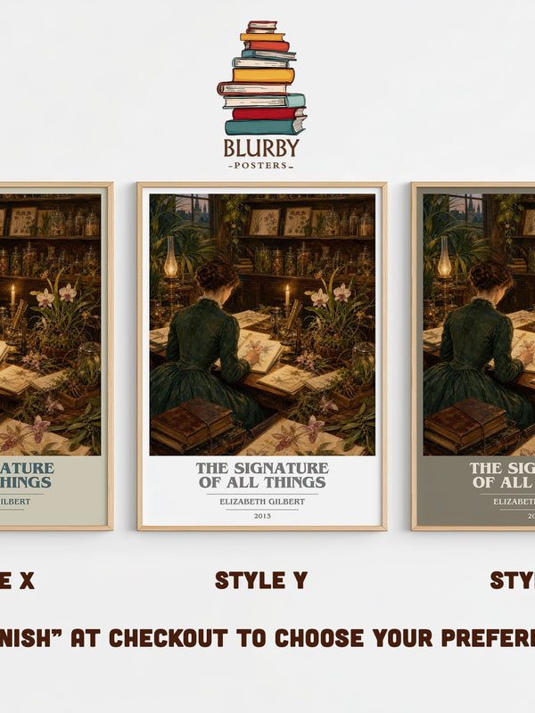 The signature of all things book cover print in frame leaning in hallway – historical fiction wall art