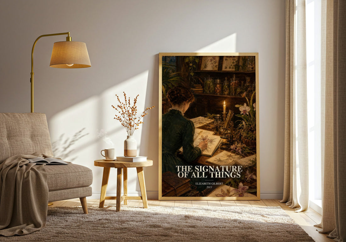 The signature of all things watercolour print in frame leaning in hallway – historical fiction wall art