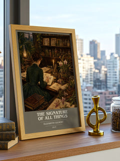 The signature of all things book cover print framed by window – literary home decor