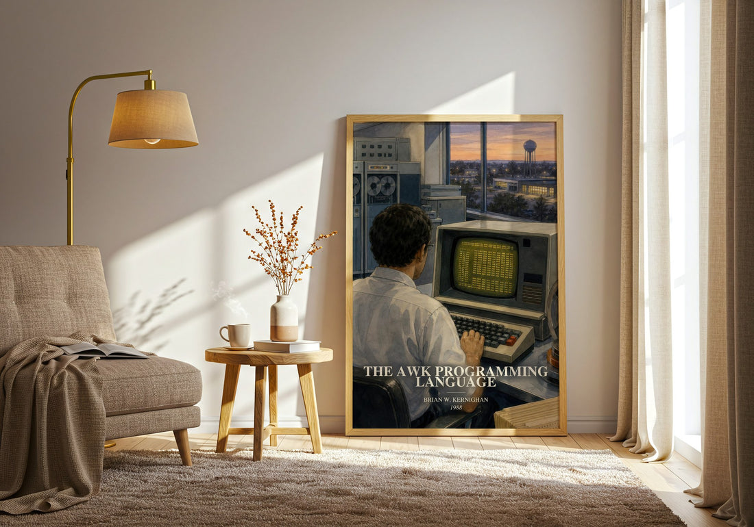 The AWK programming language watercolour print in frame leaning in hallway – non fiction wall art