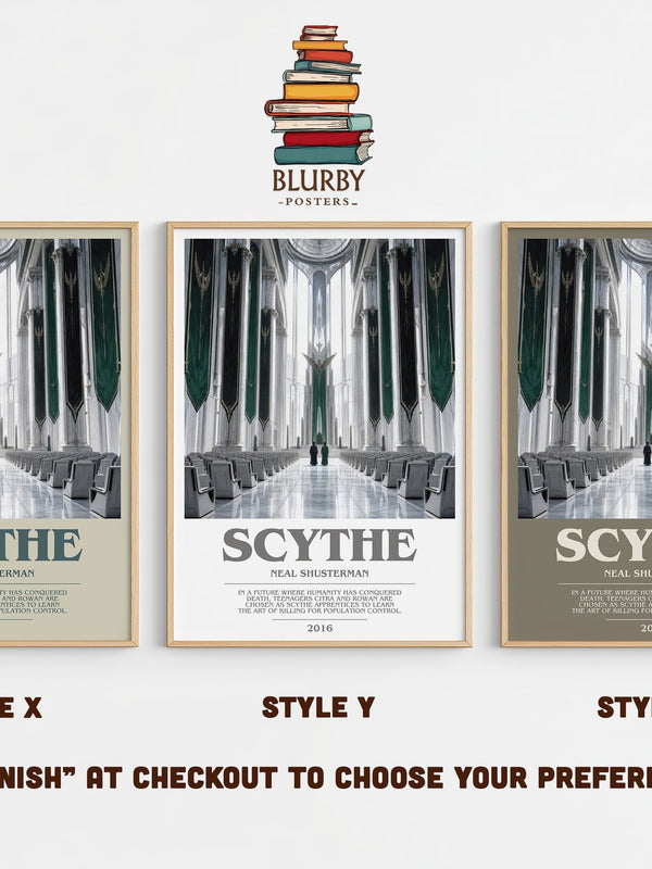 Scythe bookish print in frame leaning in hallway – dystopian wall art