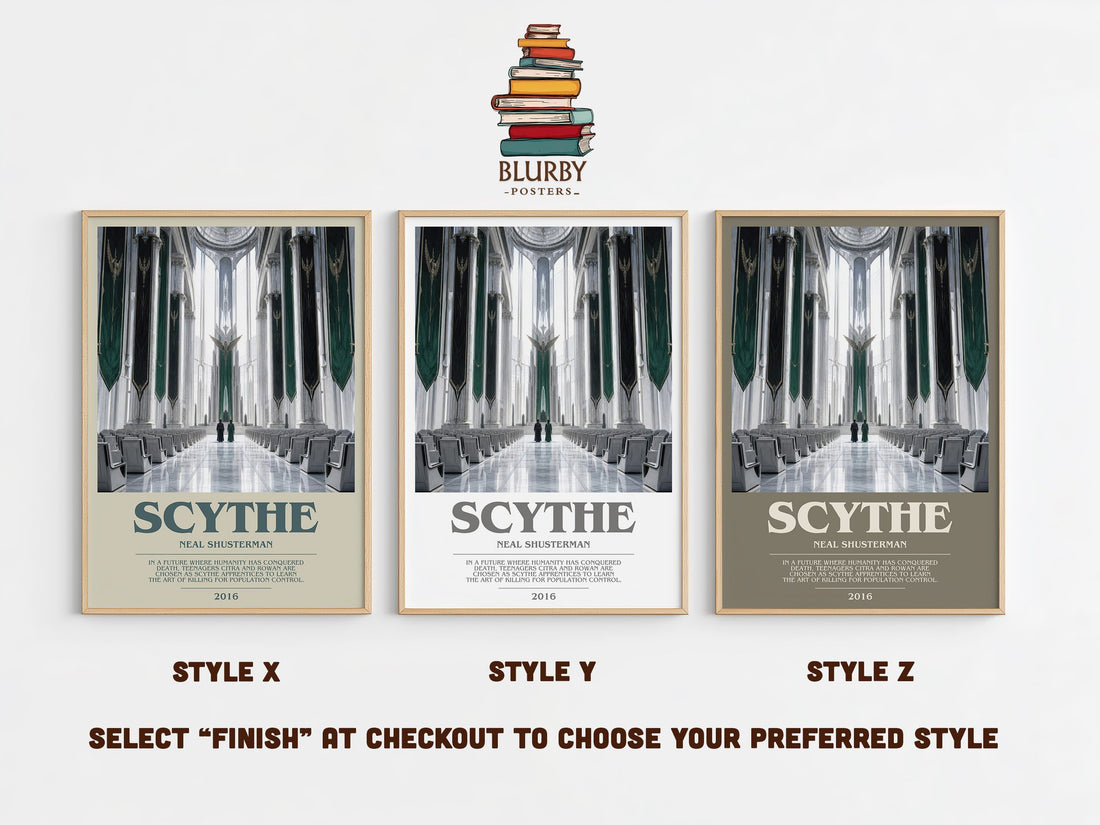 Scythe bookish print in frame leaning in hallway – dystopian wall art (mockup)