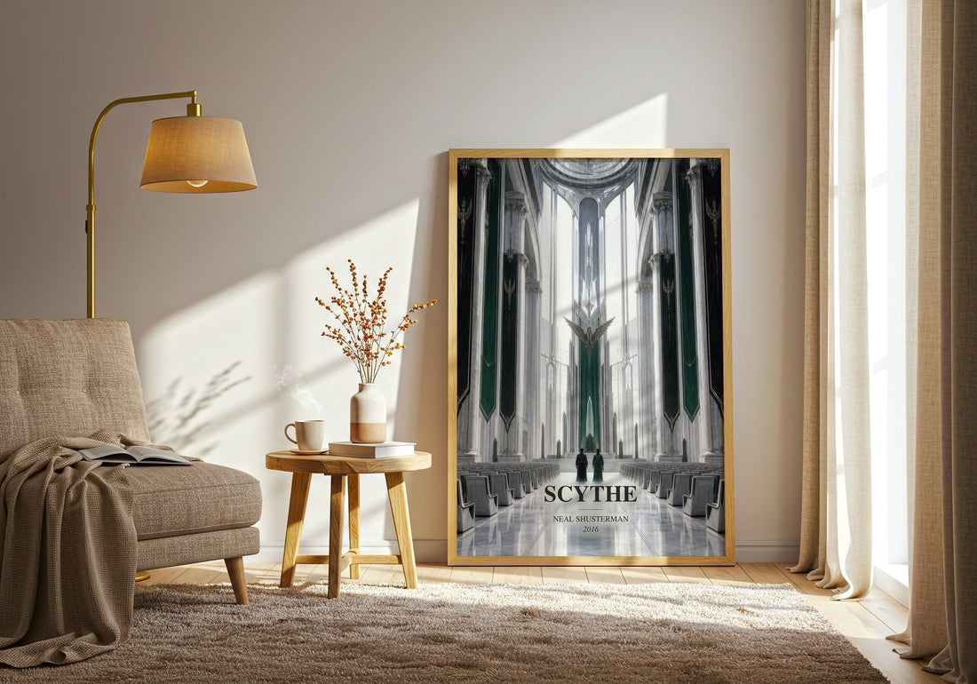 Scythe watercolour print in frame leaning in hallway – dystopian wall art