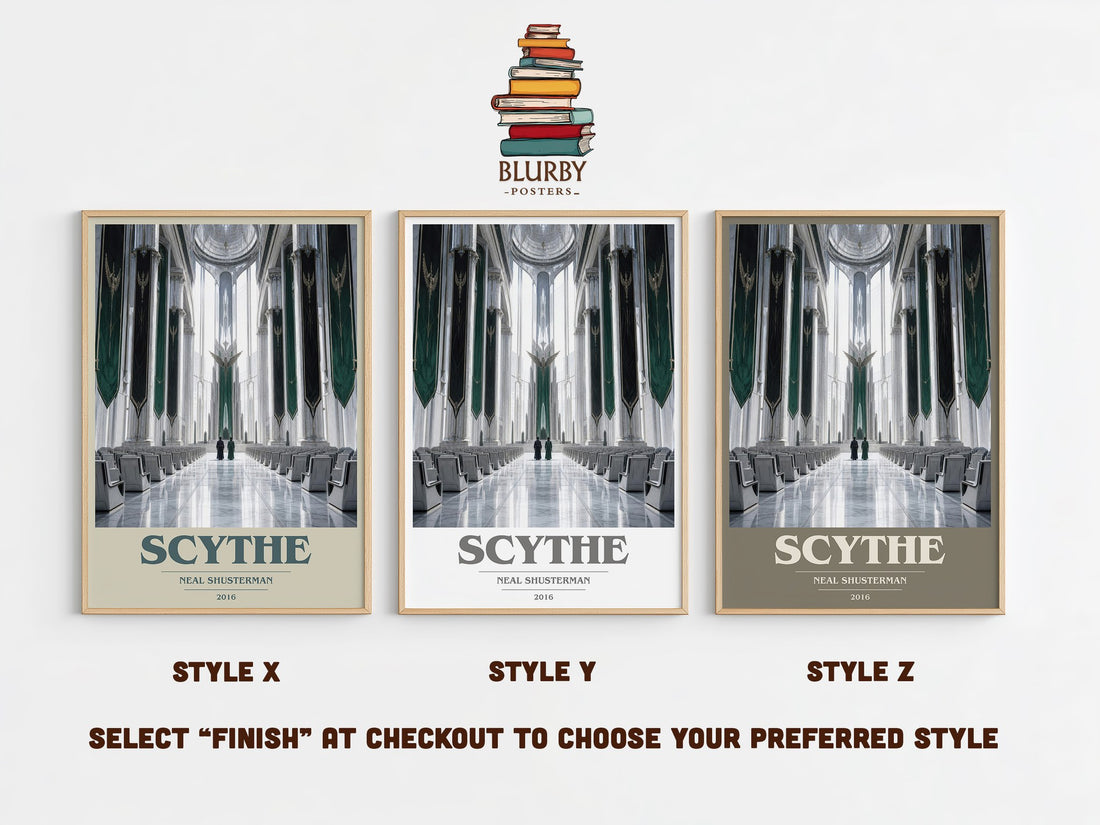 Scythe book cover print in frame leaning in hallway – dystopian wall art (mockup)