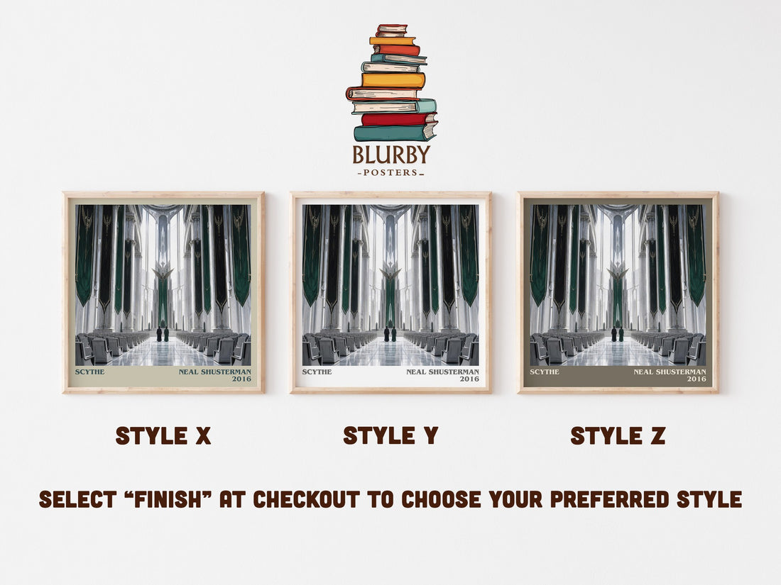 Scythe literary print in frame leaning in hallway – dystopian wall art (mockup)