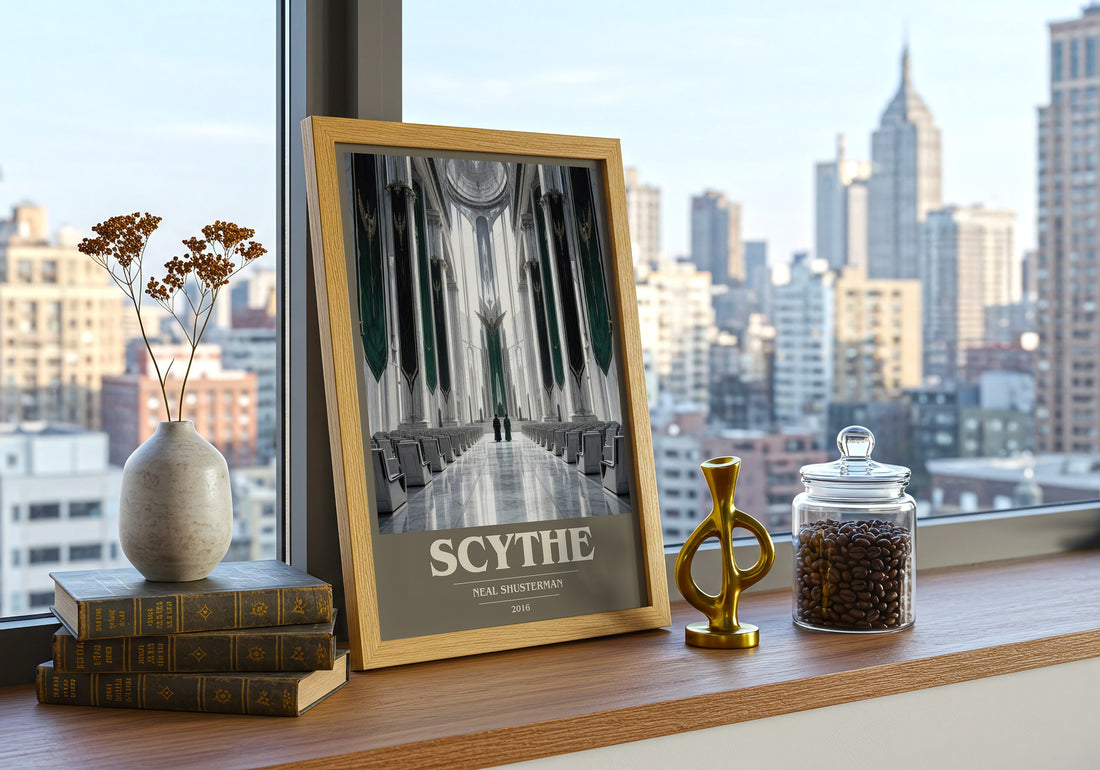 Scythe book cover print framed by window – literary home decor