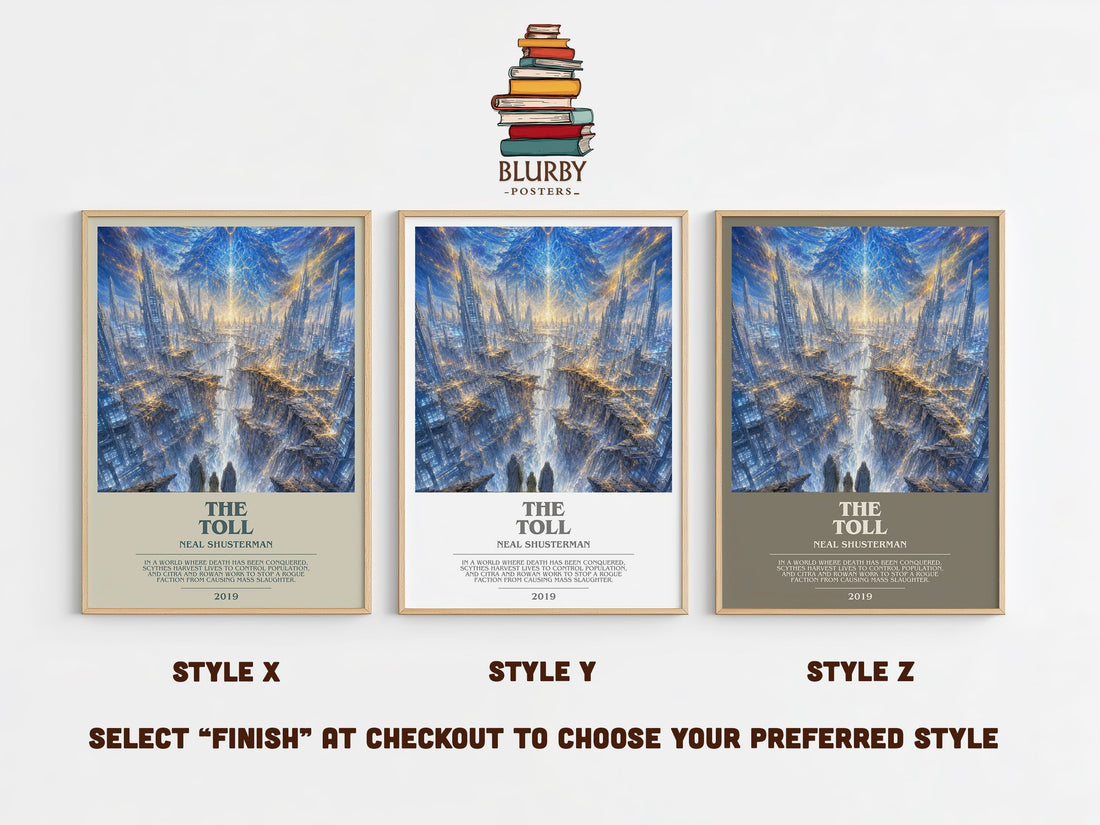 The Toll bookish print in frame leaning in hallway – young adult wall art (mockup)