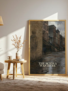 The Schwa was here watercolour print in frame leaning in hallway – young adult wall art