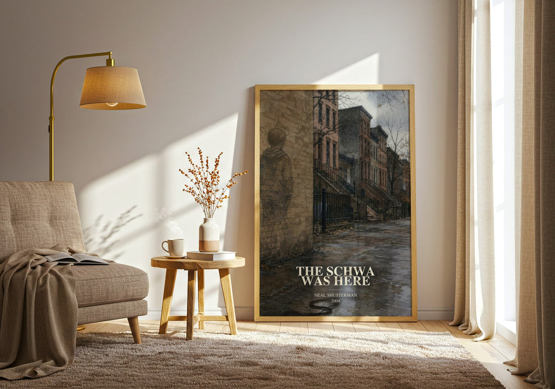 The Schwa was here watercolour print in frame leaning in hallway – young adult wall art