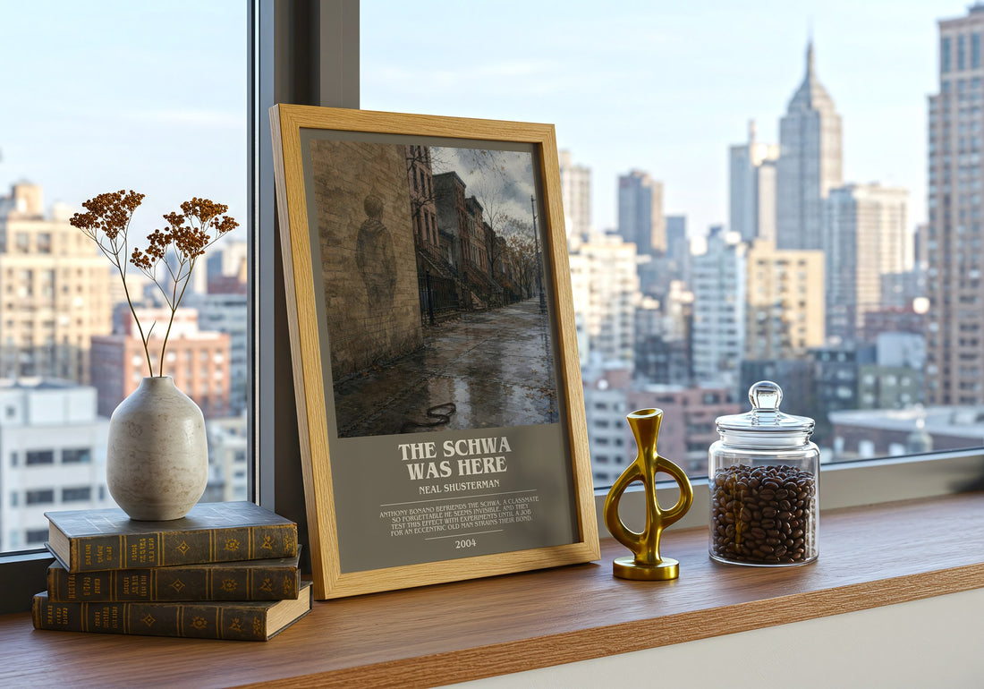 The Schwa was here bookish print framed by window – literary home decor