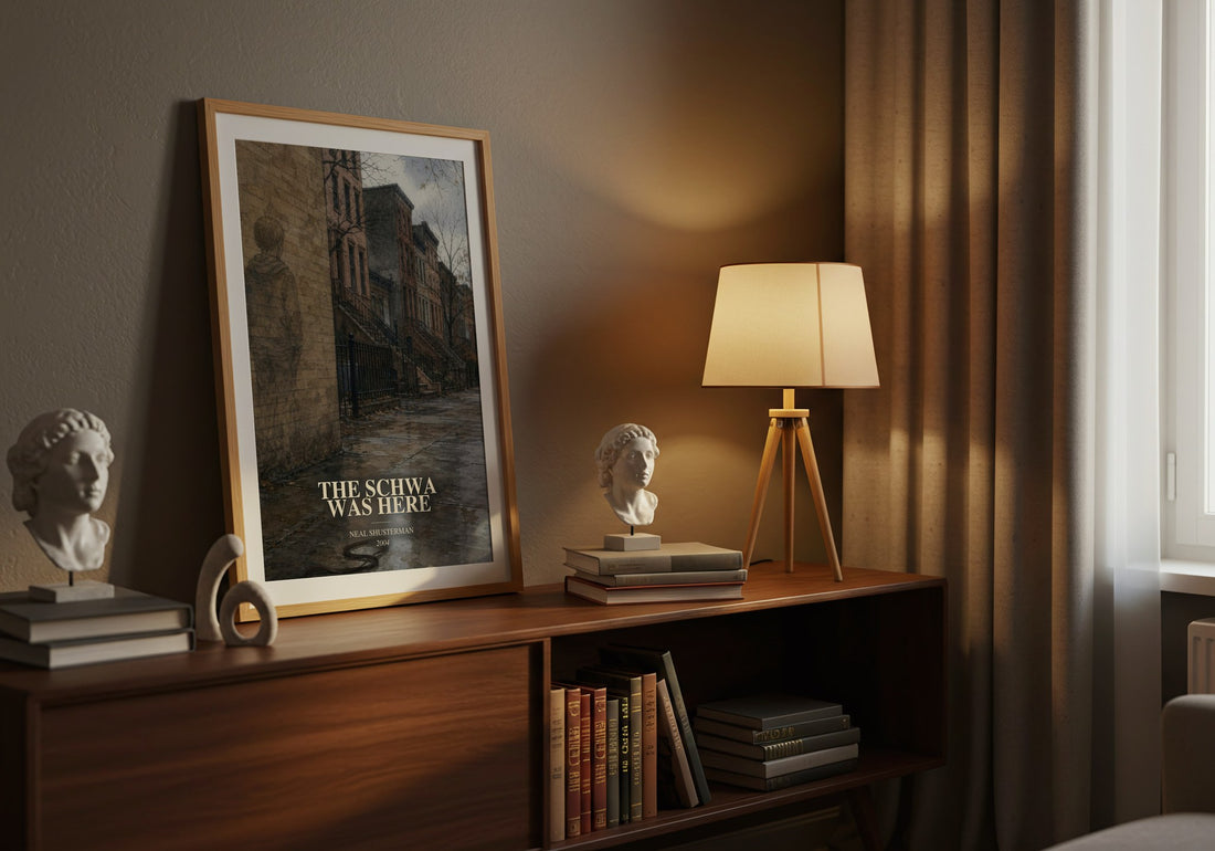 The Schwa was here watercolour print on bookshelf – Neal Shusterman fan gift