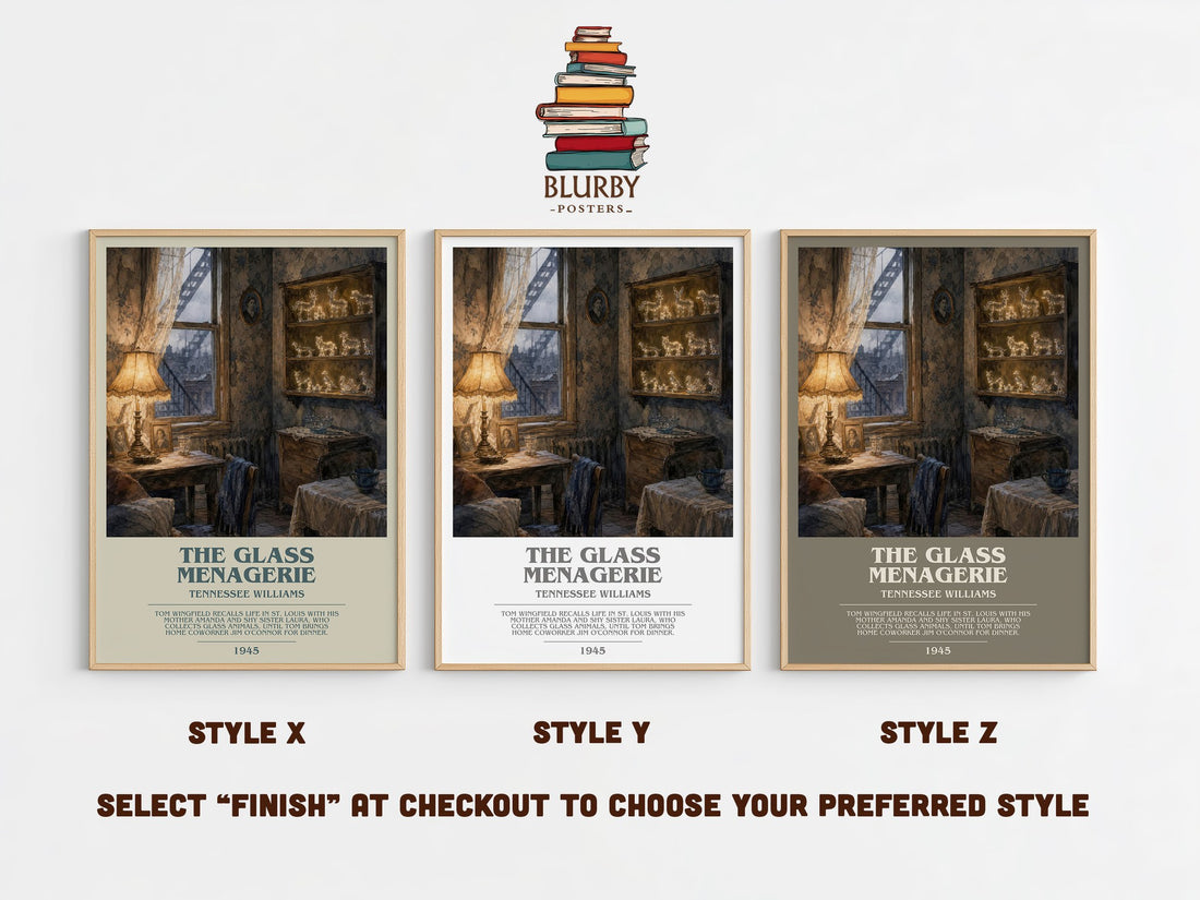 The Glass Menagerie bookish print in frame leaning in hallway – literary fiction wall art (mockup)