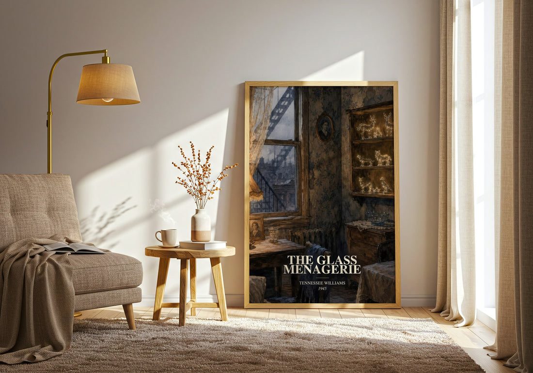 The Glass Menagerie watercolour print in frame leaning in hallway – literary fiction wall art