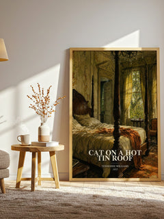 Cat on a Hot Tin Roof watercolour print in frame leaning in hallway – literary fiction wall art
