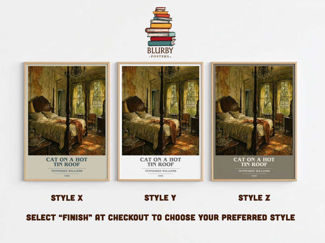 Cat on a Hot Tin Roof book cover print in frame leaning in hallway – literary fiction wall art (mockup)