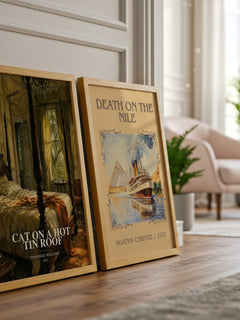 Cat on a Hot Tin Roof watercolour print framed by window – literary home decor