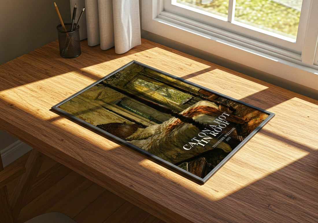 Cat on a Hot Tin Roof watercolour book poster framed on wall – literary fiction wall art