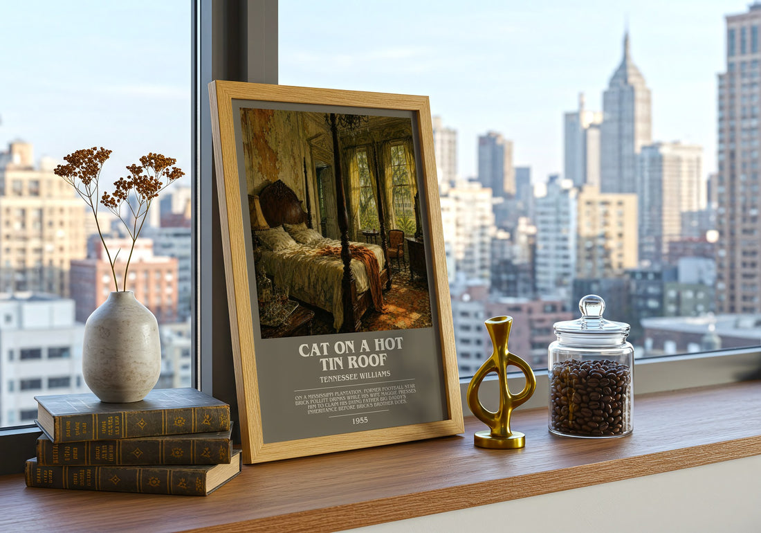 Cat on a Hot Tin Roof bookish print framed by window – literary home decor