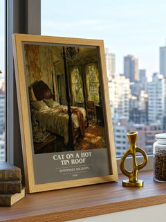 Cat on a Hot Tin Roof book cover print framed by window – literary home decor