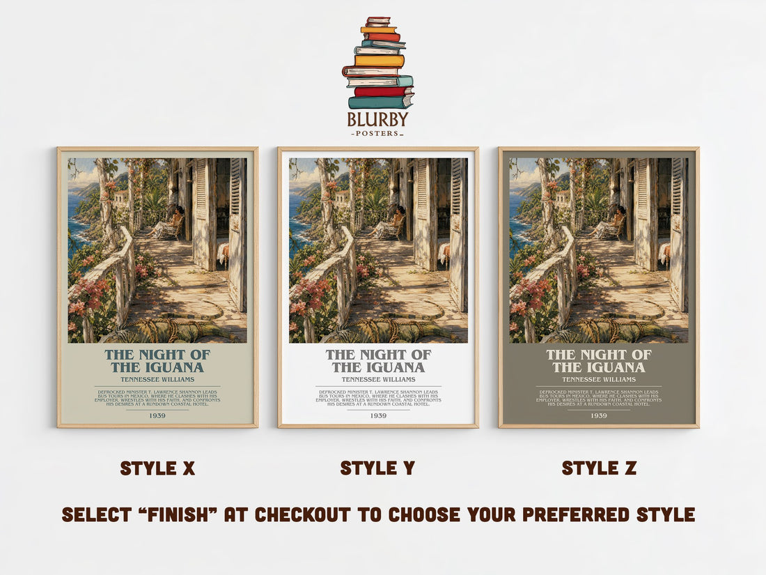 The night of the iguana bookish print in frame leaning in hallway – literary fiction wall art (mockup)