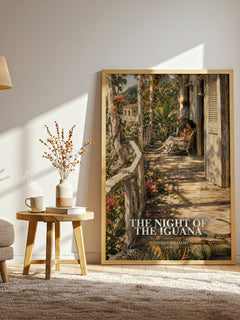 The night of the iguana watercolour print in frame leaning in hallway – literary fiction wall art