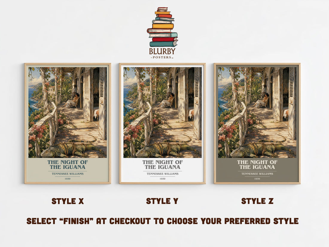 The night of the iguana book cover print in frame leaning in hallway – literary fiction wall art (mockup)