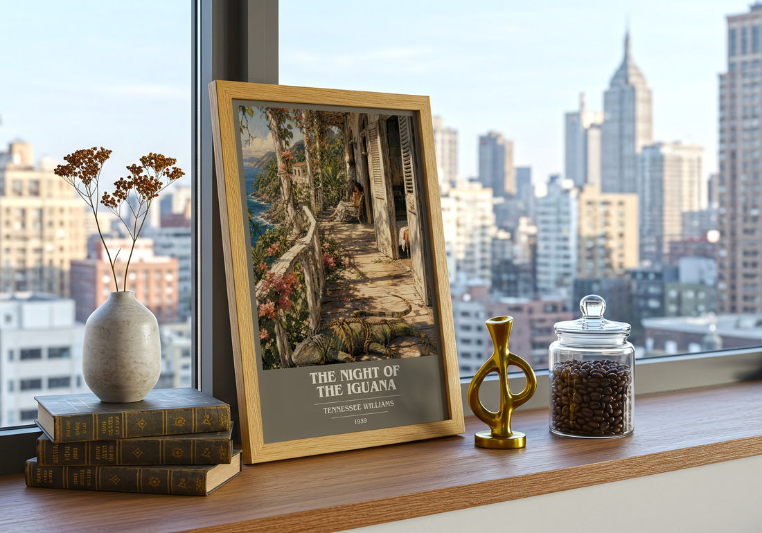 The night of the iguana book cover print framed by window – literary home decor