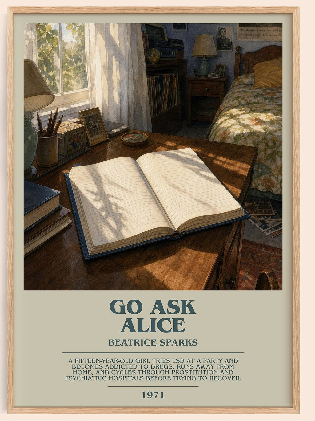 Go Ask Alice bookish book poster by Beatrice Sparks – framed literary art print