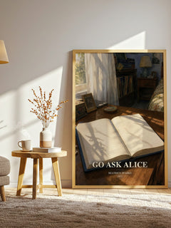 Go Ask Alice watercolour print in frame leaning in hallway – young adult wall art