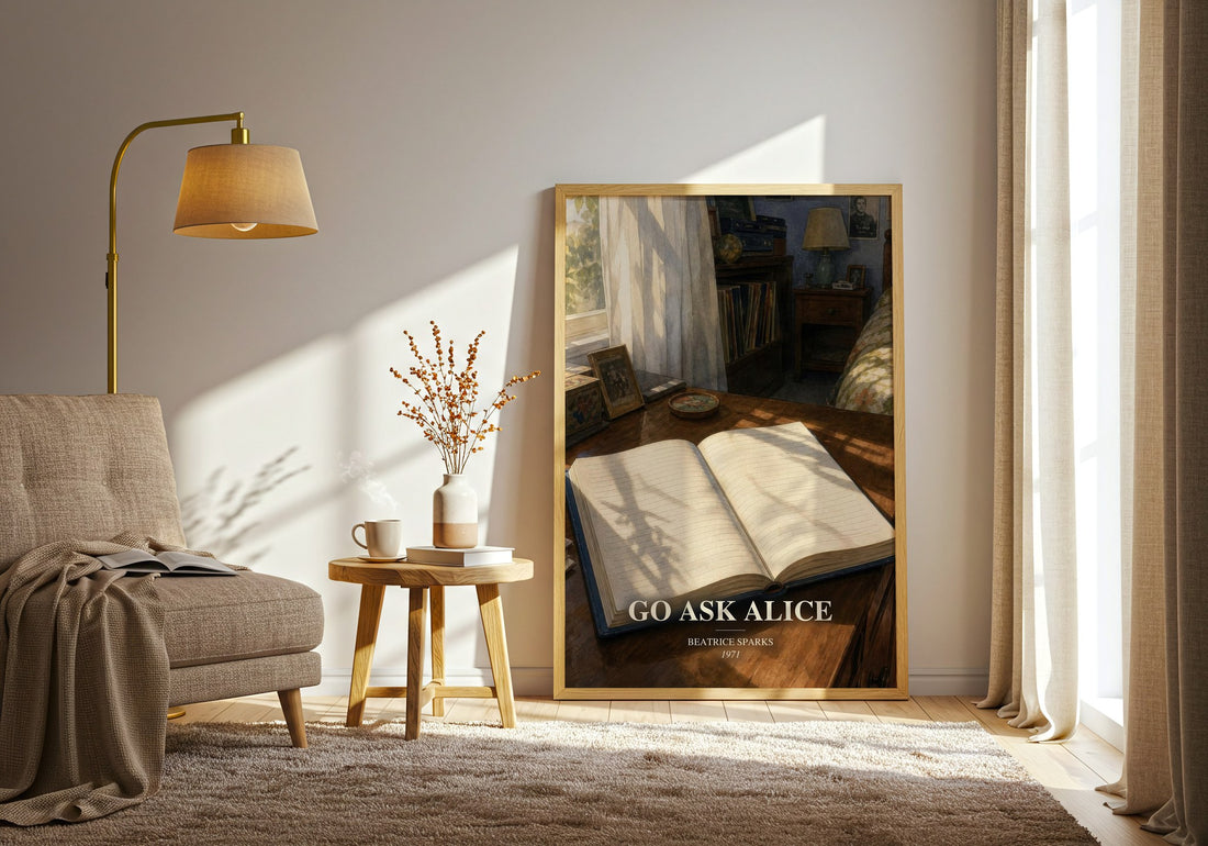 Go Ask Alice watercolour print in frame leaning in hallway – young adult wall art