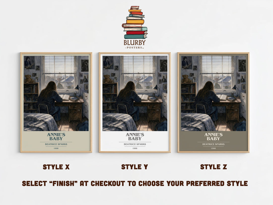 Annie's Baby book cover print in frame leaning in hallway – young adult wall art (mockup)