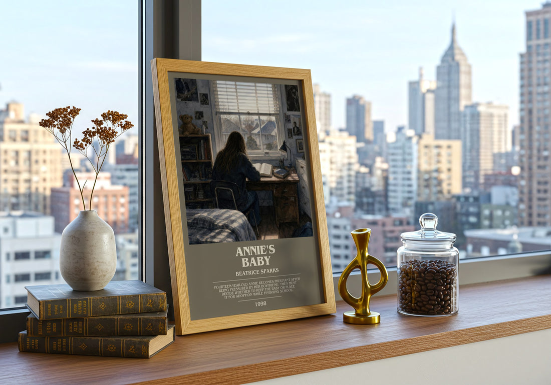 Annie's Baby bookish print framed by window – literary home decor