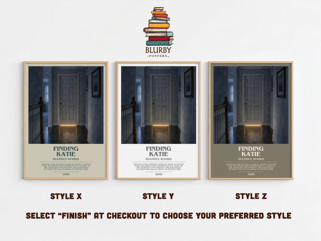 Finding Katie bookish print in frame leaning in hallway – young adult wall art (mockup)