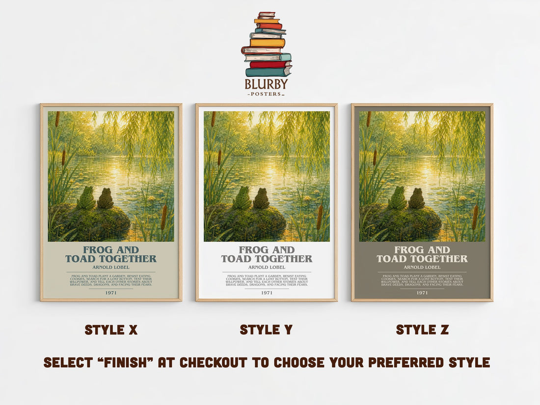 Frog and Toad Together bookish print in frame leaning in hallway – childrens wall art (mockup)