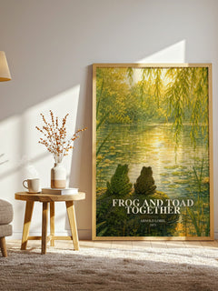 Frog and Toad Together watercolour print in frame leaning in hallway – childrens wall art
