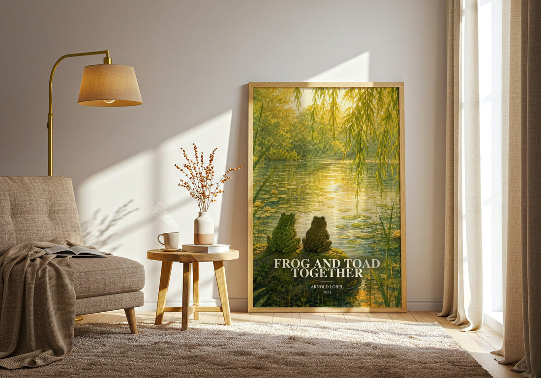 Frog and Toad Together watercolour print in frame leaning in hallway – childrens wall art