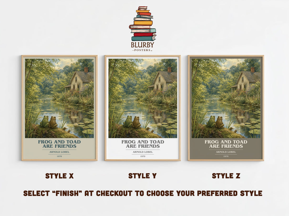 Frog and Toad Are Friends book cover print in frame leaning in hallway – childrens wall art (mockup)